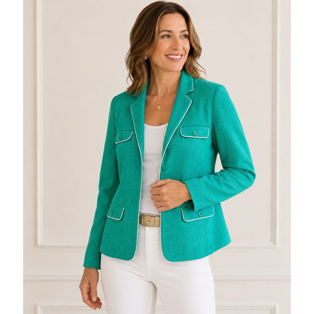 Coldwater Creek Womens Petite P16 Teal Green Textured Tweed Open Front‎ Blazer